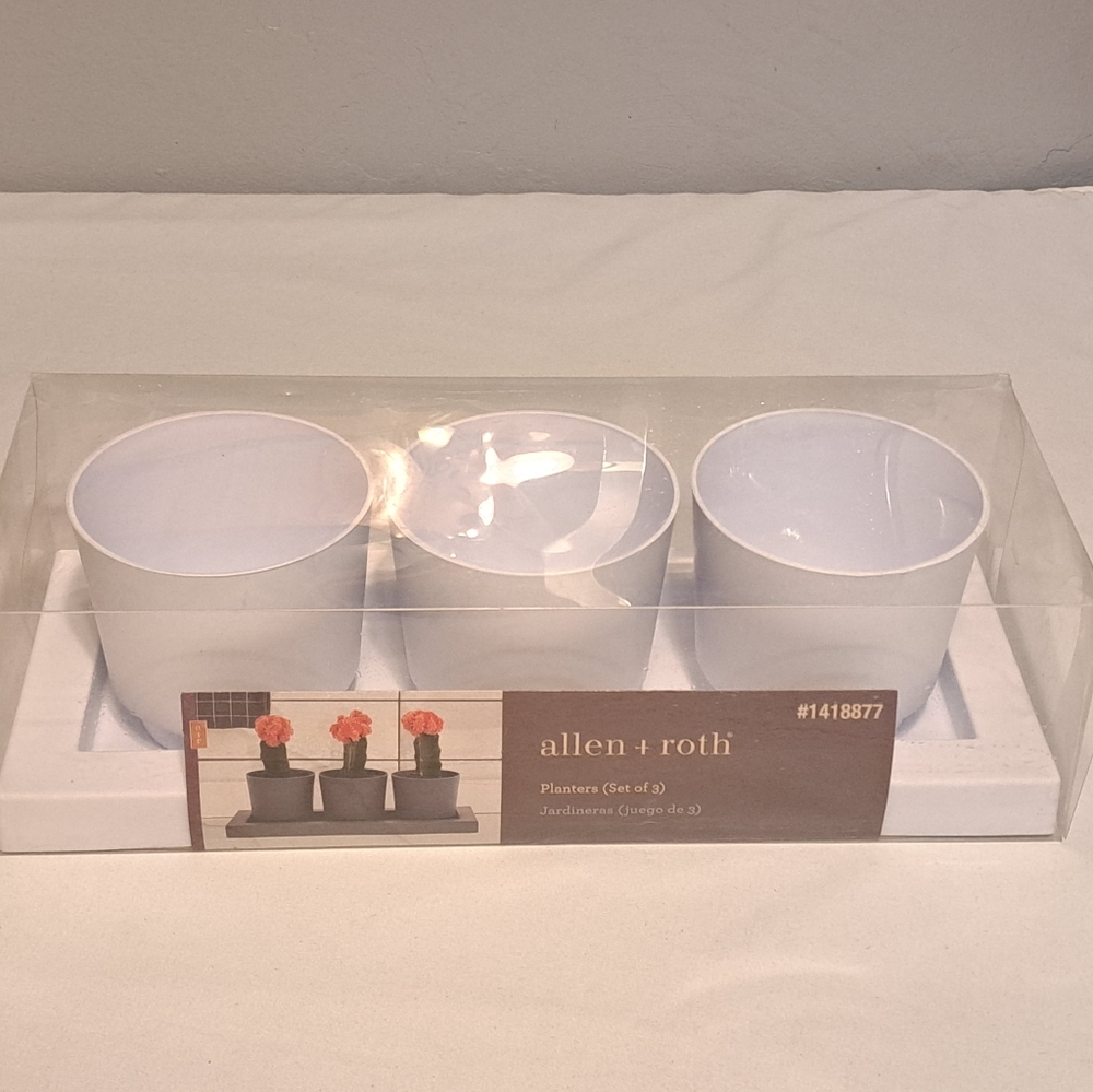 Allen + Roth Planters Set Of 3 Flowerpots W/ Holder White NEW!